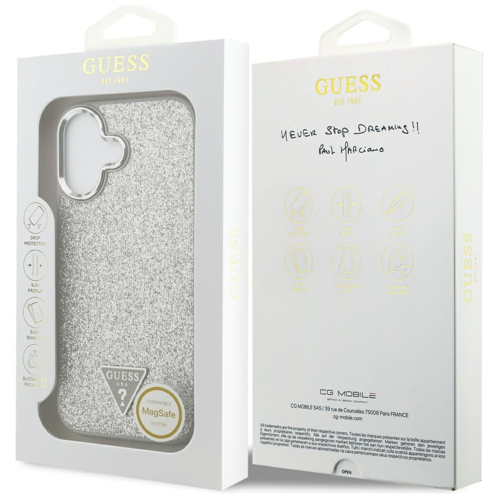 MagSafe hoesje voor Apple iPhone 17, Guess, Glitter Triangle Logo, Zilver
