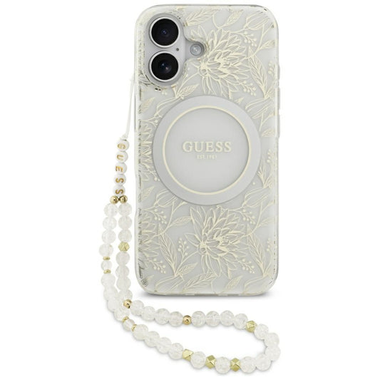 MagSafe hoesje voor Apple iPhone 17, Guess, IML Flowers met Parelband, Wit