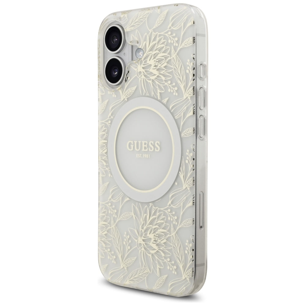 MagSafe Case for Apple iPhone 17, Guess, IML Flowers with Pearl Strap, White