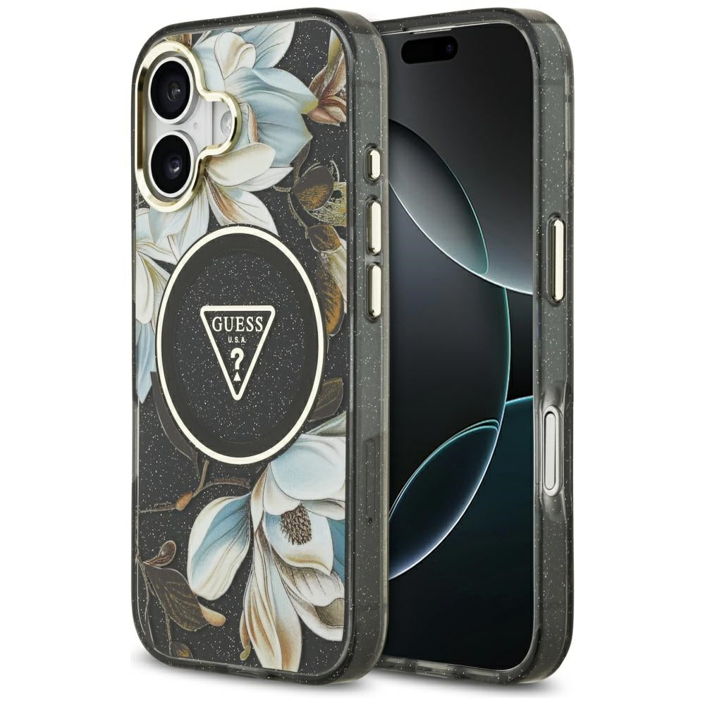 MagSafe hoesje voor Apple iPhone 17, Guess, IML Metal Glitter Flowers Triangle, Zwart