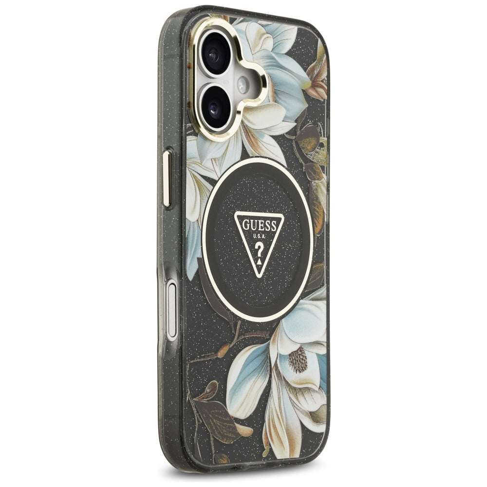 MagSafe hoesje voor Apple iPhone 17, Guess, IML Metal Glitter Flowers Triangle, Zwart