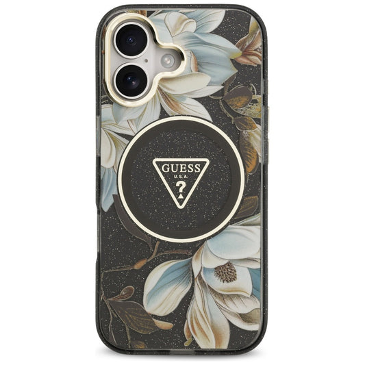 MagSafe hoesje voor Apple iPhone 17, Guess, IML Metal Glitter Flowers Triangle, Zwart