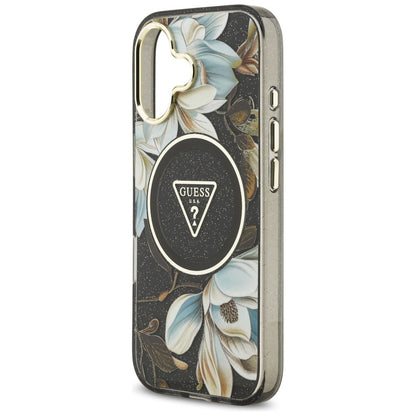 MagSafe hoesje voor Apple iPhone 17, Guess, IML Metal Glitter Flowers Triangle, Zwart