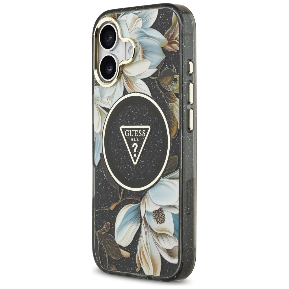 MagSafe hoesje voor Apple iPhone 17, Guess, IML Metal Glitter Flowers Triangle, Zwart