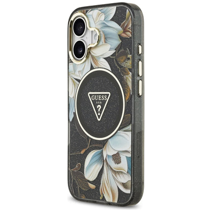 MagSafe hoesje voor Apple iPhone 17, Guess, IML Metal Glitter Flowers Triangle, Zwart