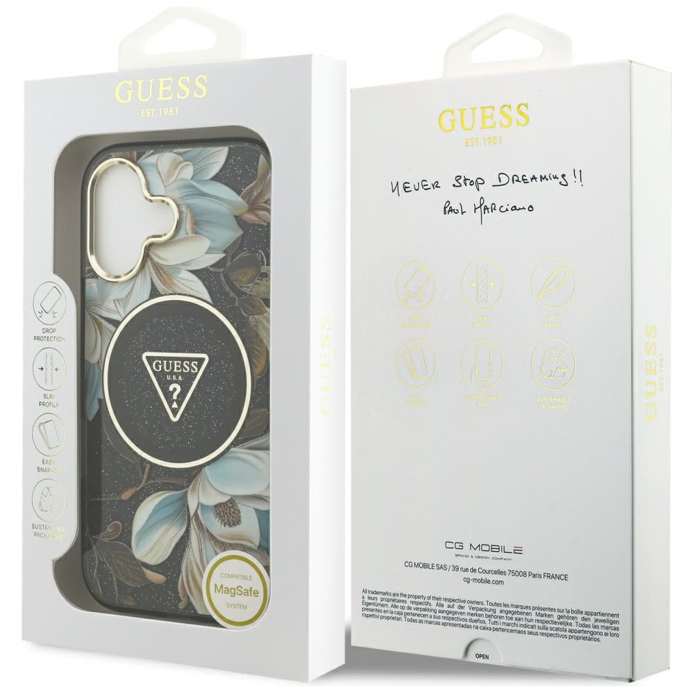 MagSafe hoesje voor Apple iPhone 17, Guess, IML Metal Glitter Flowers Triangle, Zwart