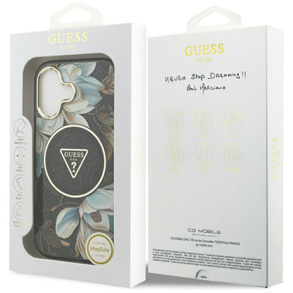 MagSafe hoesje voor Apple iPhone 17, Guess, IML Metal Glitter Flowers Triangle, Zwart