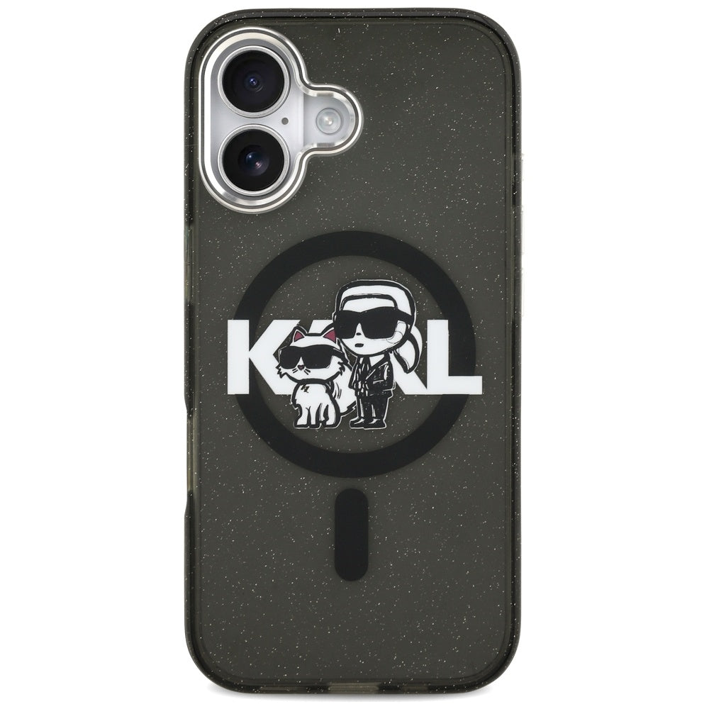 MagSafe hoesje voor Apple iPhone 17, Karl Lagerfeld, IML Sketch Logo Glitter Karl & Choupette, Zwart
