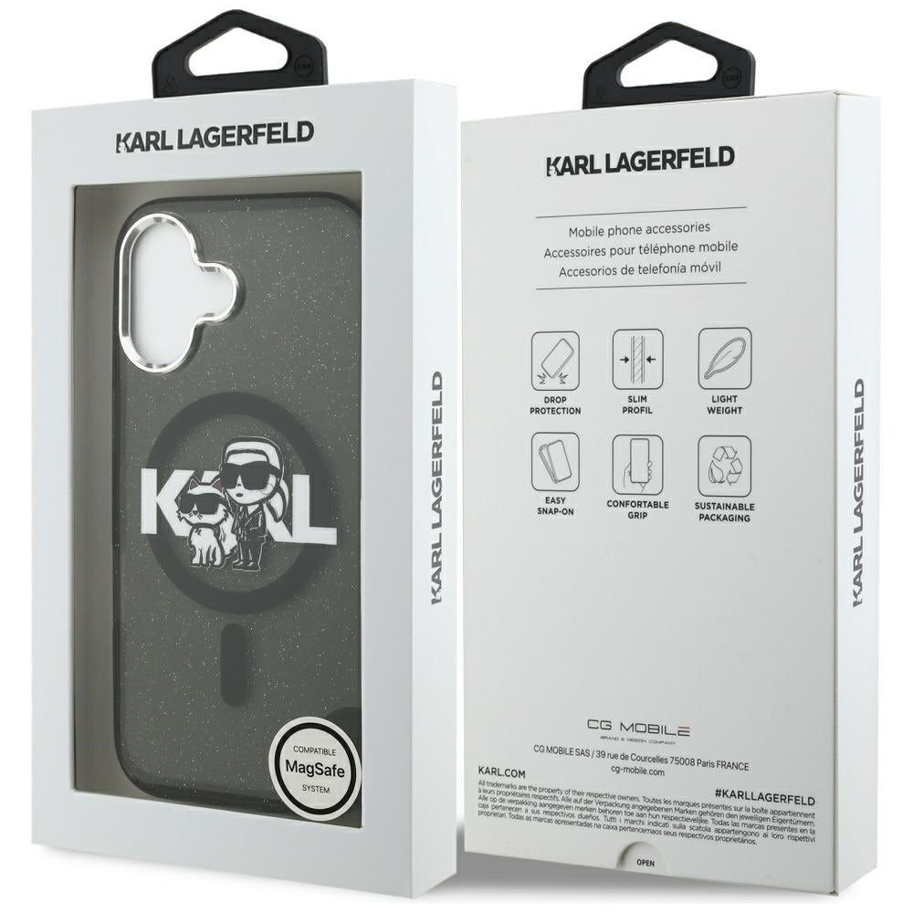 MagSafe hoesje voor Apple iPhone 17, Karl Lagerfeld, IML Sketch Logo Glitter Karl & Choupette, Zwart