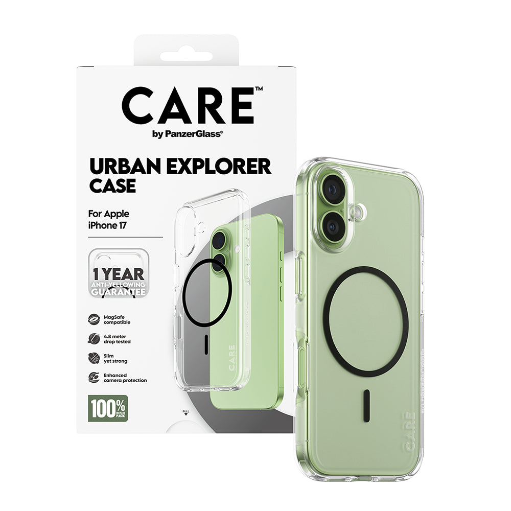 MagSafe Case for Apple iPhone 17, PanzerGlass, Urban Explorer Care, Black Transparent