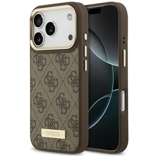MagSafe hoesje voor Apple iPhone 17 Pro, Guess, 4G Logo Plate, Bruin