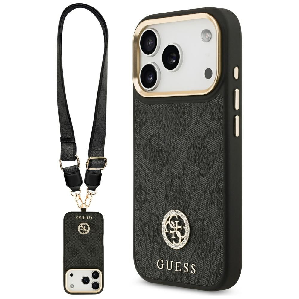 MagSafe hoesje voor Apple iPhone 17 Pro, Guess, 4G Strass Logo met grote band, Zwart