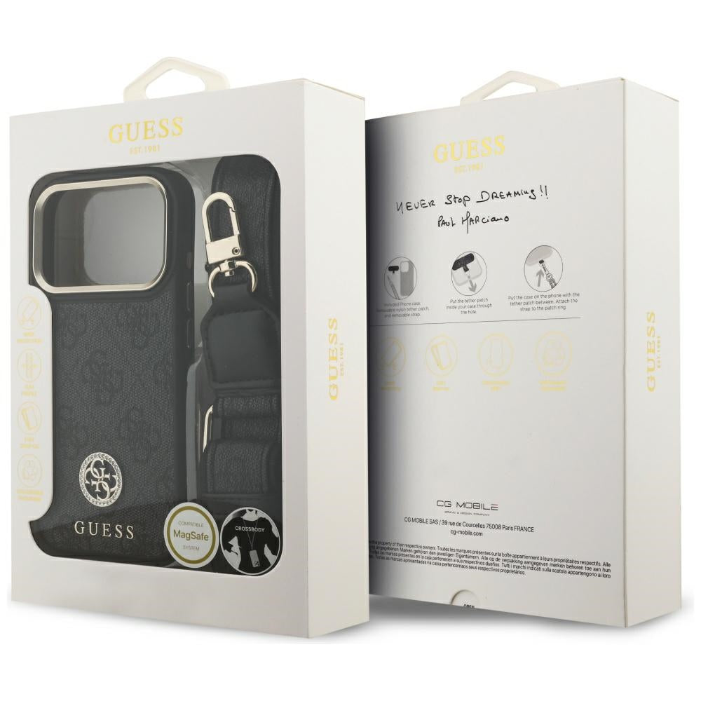 MagSafe hoesje voor Apple iPhone 17 Pro, Guess, 4G Strass Logo met grote band, Zwart