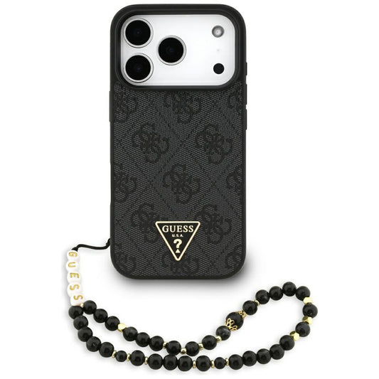 MagSafe hoesje voor Apple iPhone 17 Pro, Guess, 4G Triangle Logo met koordriem, Zwart