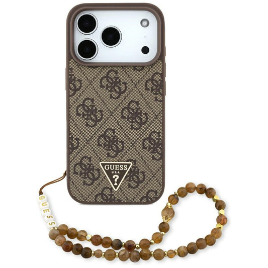 MagSafe hoesje voor Apple iPhone 17 Pro, Guess, 4G Triangle Logo met Parelband, Bruin