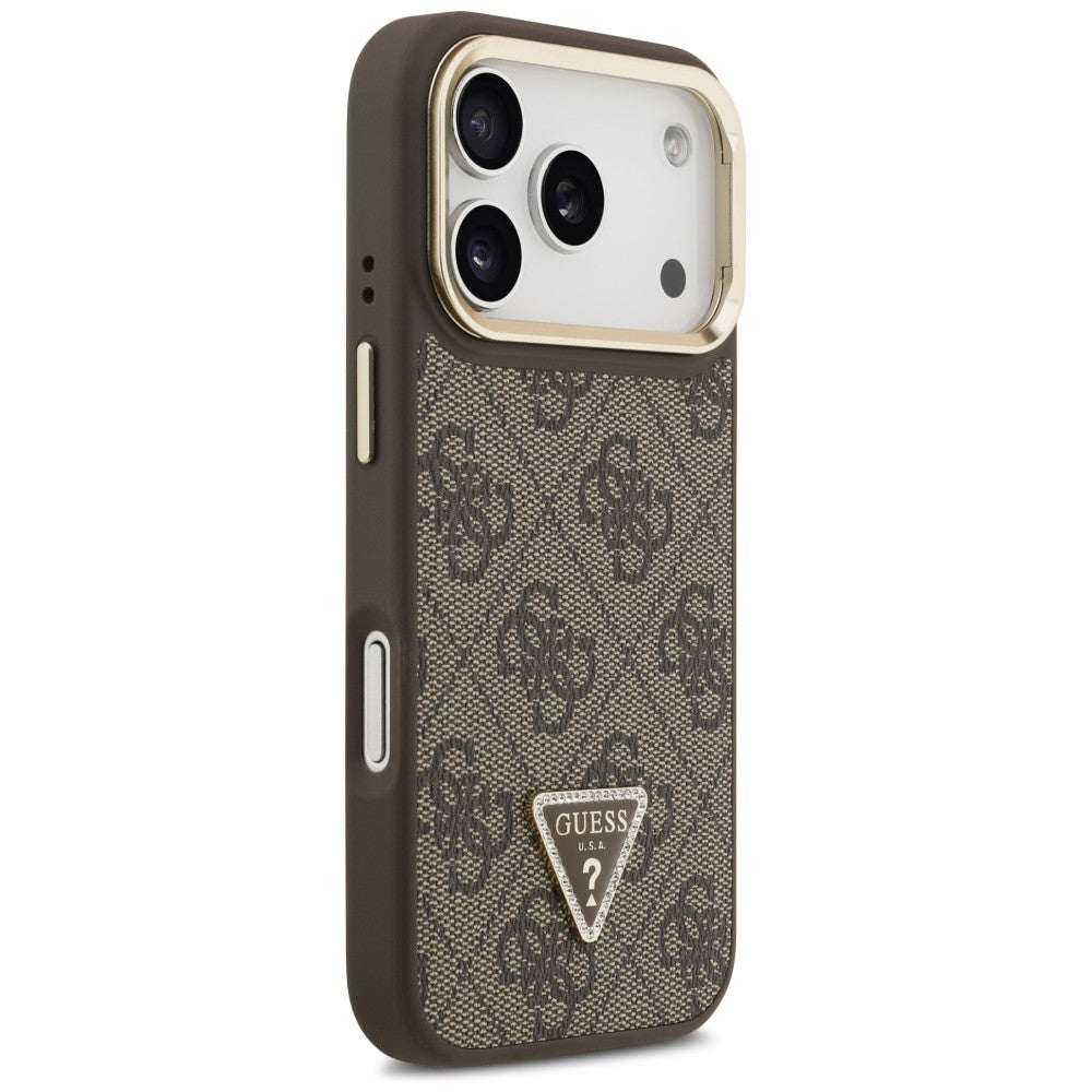 MagSafe hoesje voor Apple iPhone 17 Pro, Guess, 4G Triangle Logo met Stand Camera, Goudbruin