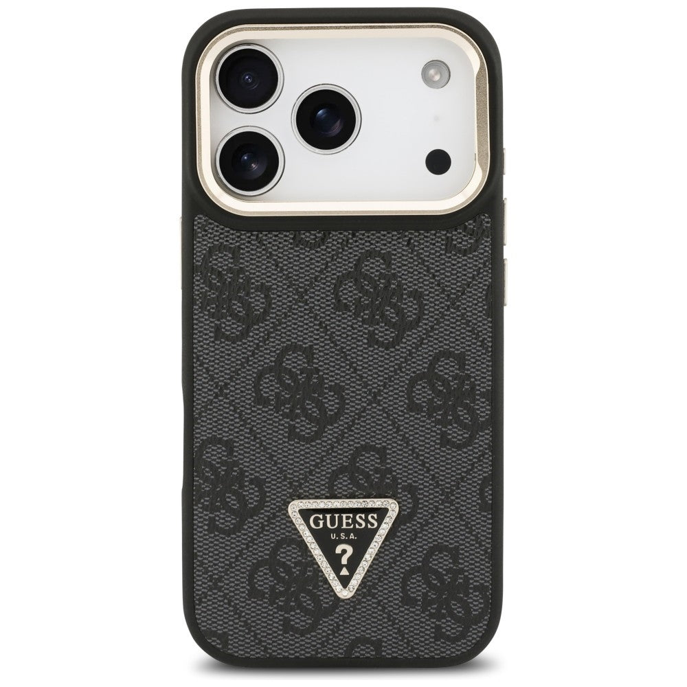 MagSafe hoesje voor Apple iPhone 17 Pro, Guess, 4G Triangle Logo met Stand Camera, Zwart Goud
