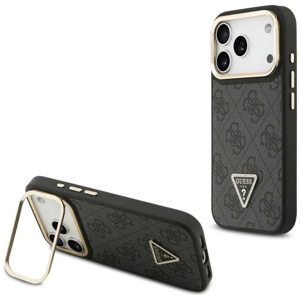 MagSafe hoesje voor Apple iPhone 17 Pro, Guess, 4G Triangle Logo met Stand Camera, Zwart Goud
