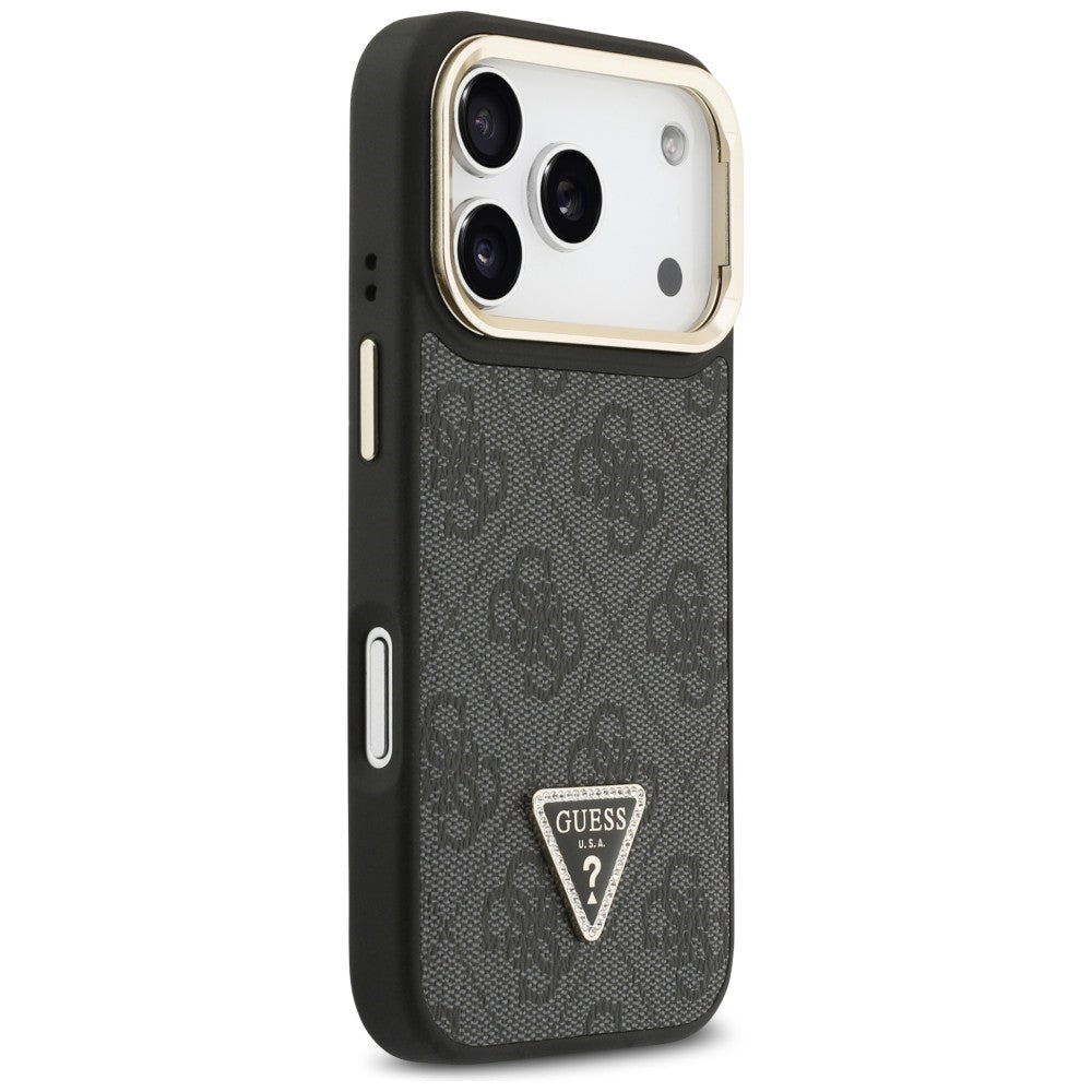 MagSafe hoesje voor Apple iPhone 17 Pro, Guess, 4G Triangle Logo met Stand Camera, Zwart Goud