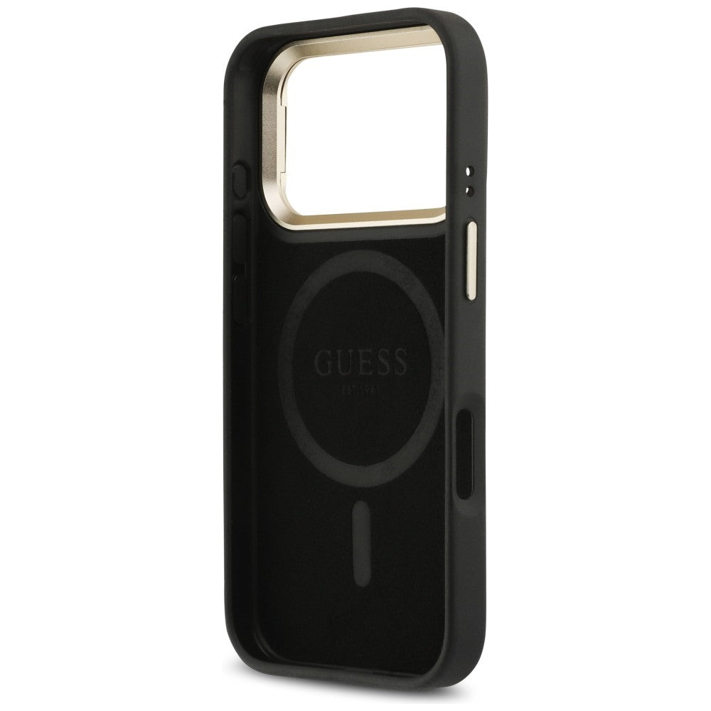 MagSafe hoesje voor Apple iPhone 17 Pro, Guess, 4G Triangle Logo met Stand Camera, Zwart Goud