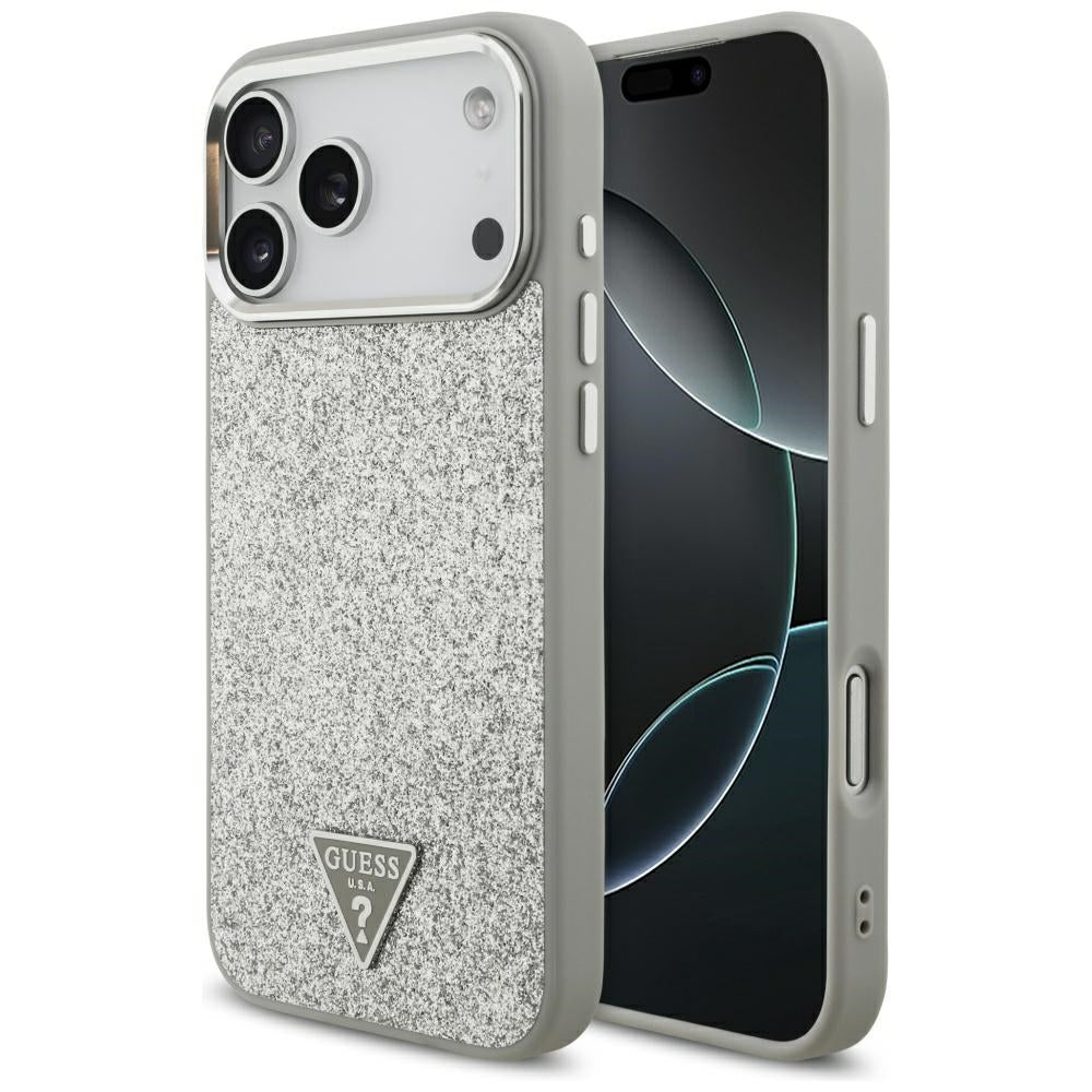 MagSafe hoesje voor Apple iPhone 17 Pro, Guess, Glitter Triangle Logo, Zilverkleurig