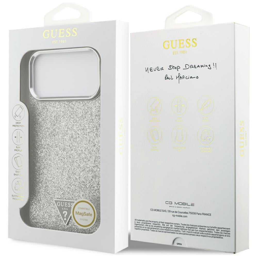 MagSafe hoesje voor Apple iPhone 17 Pro, Guess, Glitter Triangle Logo, Zilverkleurig