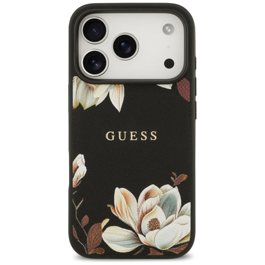 MagSafe hoes voor Apple iPhone 17 Pro, Guess, Grained Flowers, Zwart