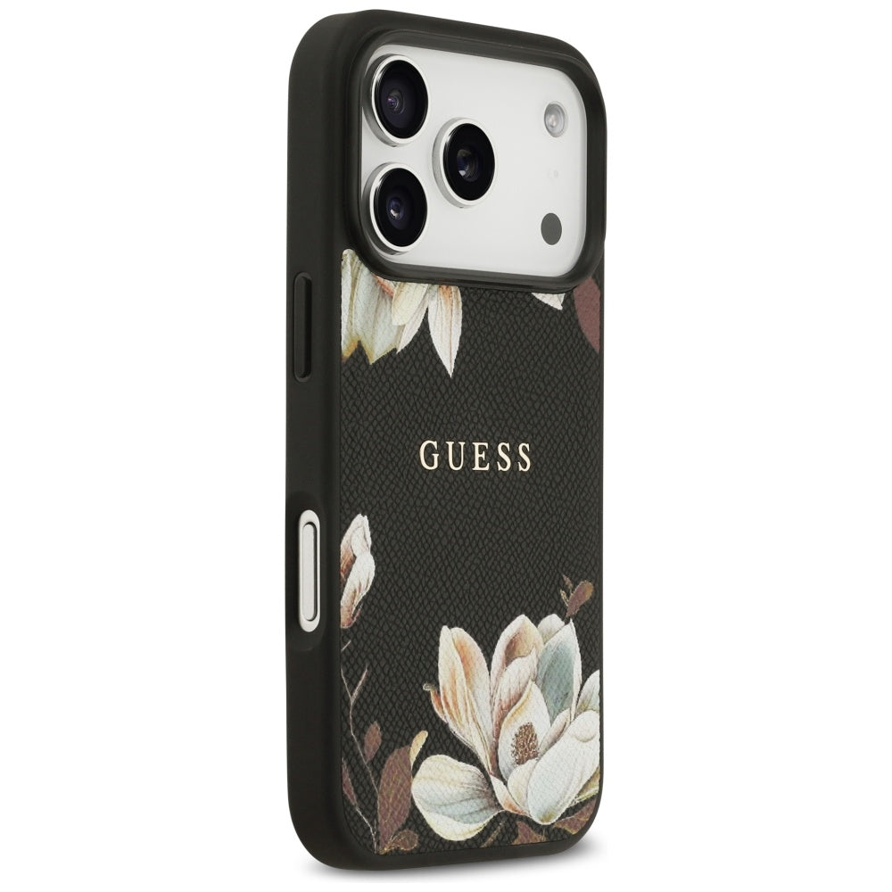 MagSafe hoes voor Apple iPhone 17 Pro, Guess, Grained Flowers, Zwart