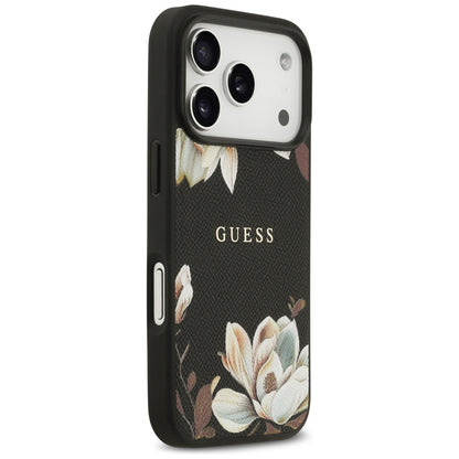 MagSafe hoes voor Apple iPhone 17 Pro, Guess, Grained Flowers, Zwart