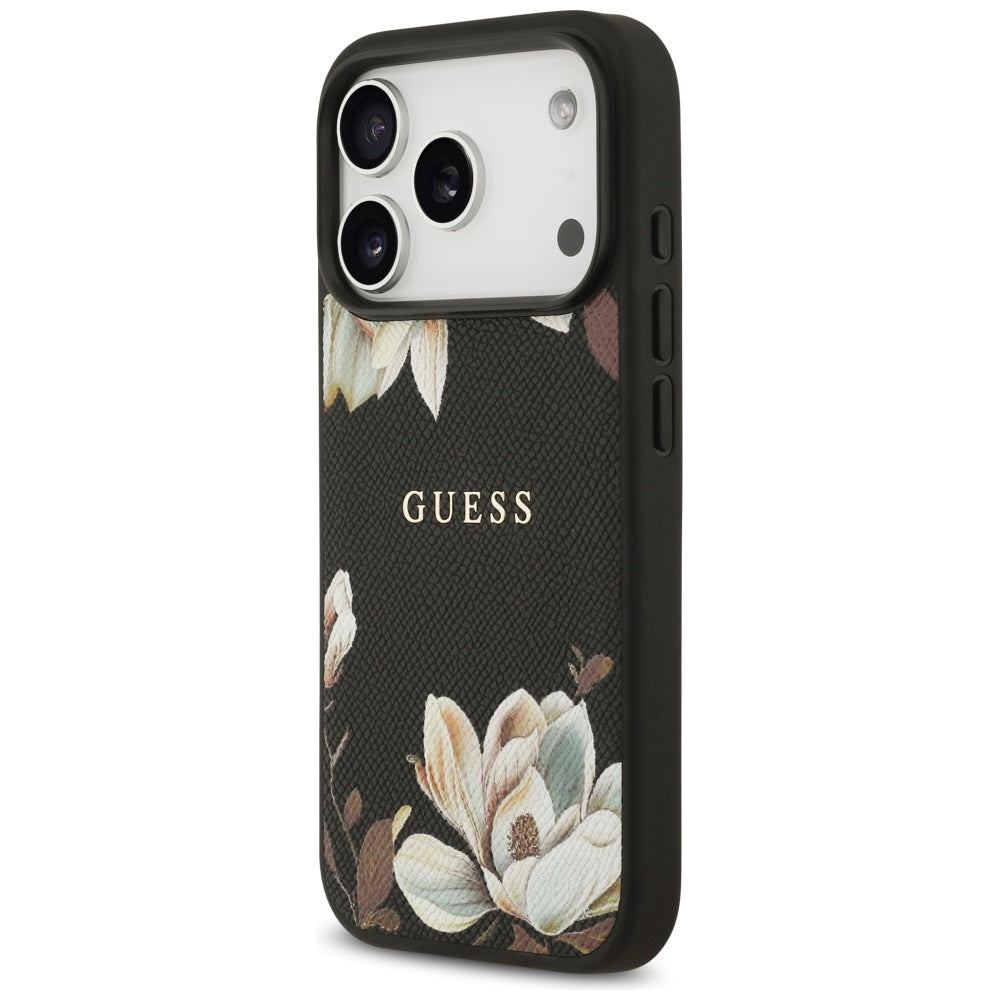 MagSafe hoes voor Apple iPhone 17 Pro, Guess, Grained Flowers, Zwart