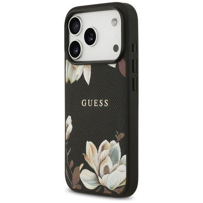 MagSafe hoes voor Apple iPhone 17 Pro, Guess, Grained Flowers, Zwart