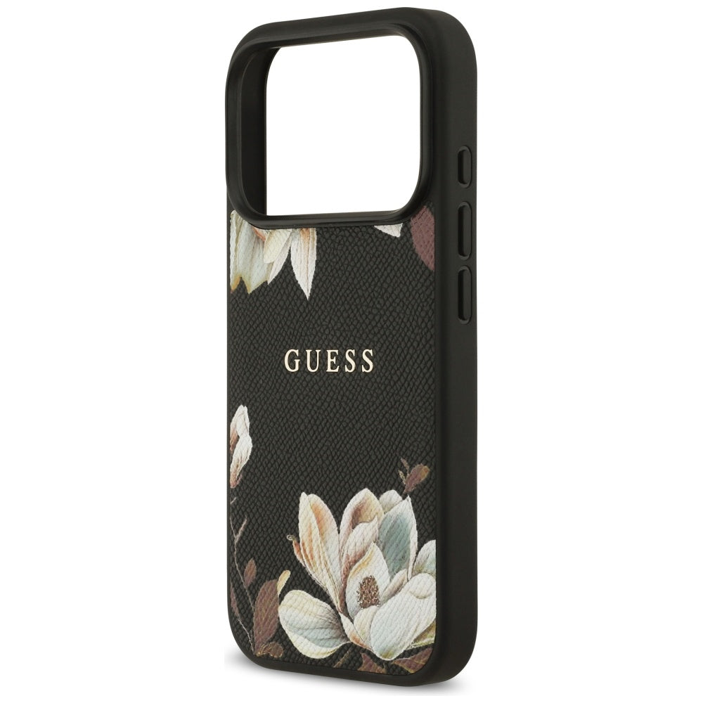 MagSafe hoes voor Apple iPhone 17 Pro, Guess, Grained Flowers, Zwart