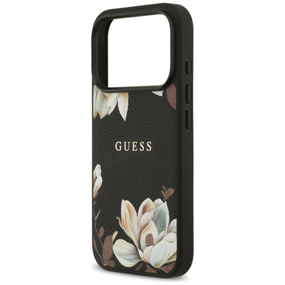 MagSafe hoes voor Apple iPhone 17 Pro, Guess, Grained Flowers, Zwart