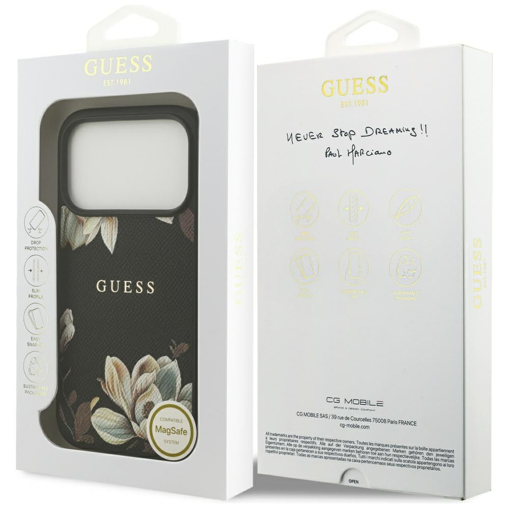 MagSafe hoes voor Apple iPhone 17 Pro, Guess, Grained Flowers, Zwart