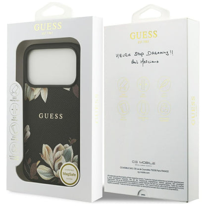 MagSafe hoes voor Apple iPhone 17 Pro, Guess, Grained Flowers, Zwart