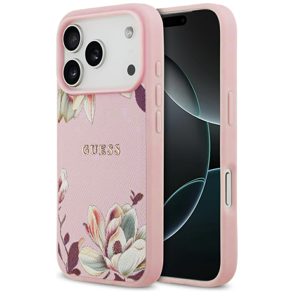 MagSafe hoes voor Apple iPhone 17 Pro, Guess, Grained Flowers, Roze