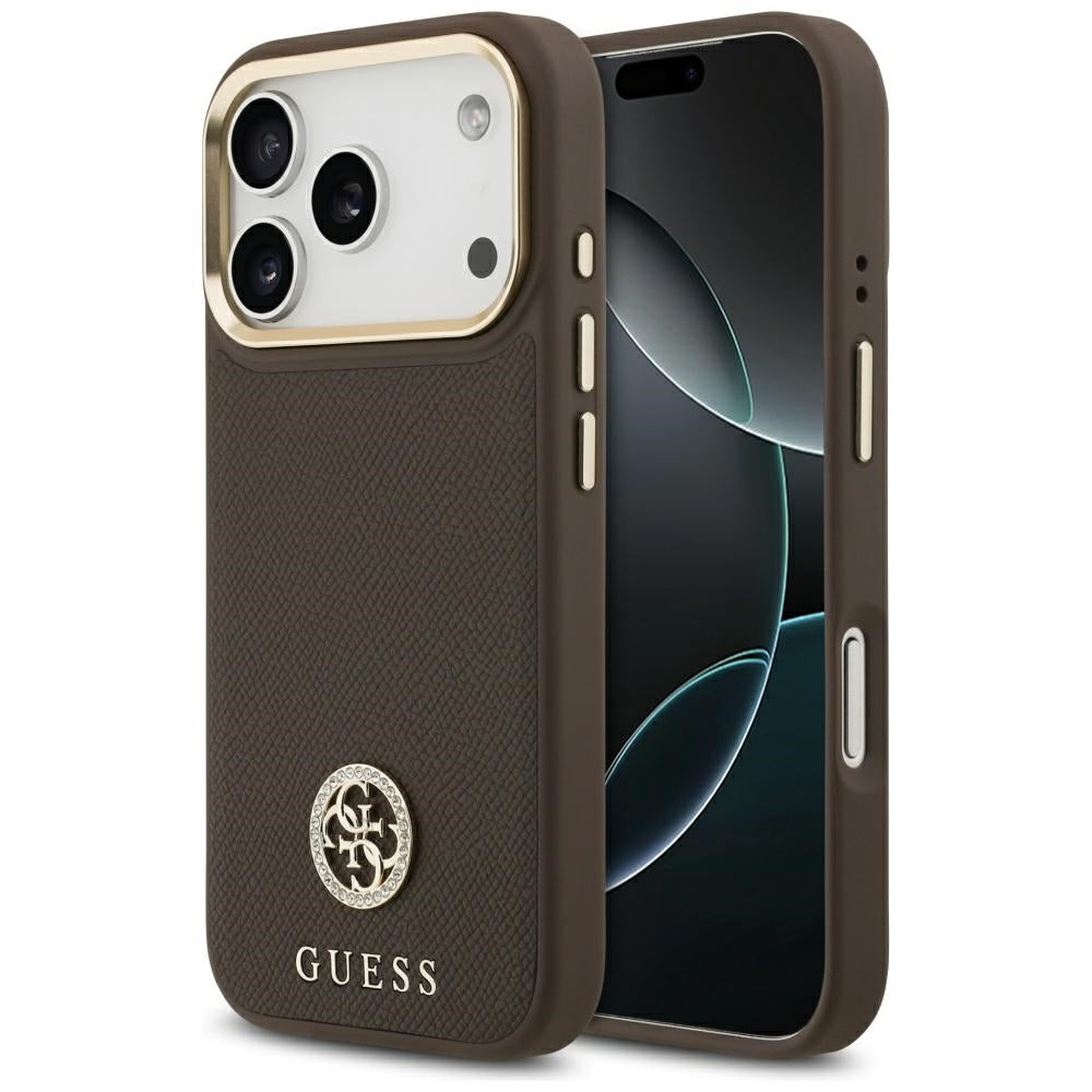 MagSafe hoesje voor Apple iPhone 17 Pro, Guess, Grained Strass Logo, Bruin