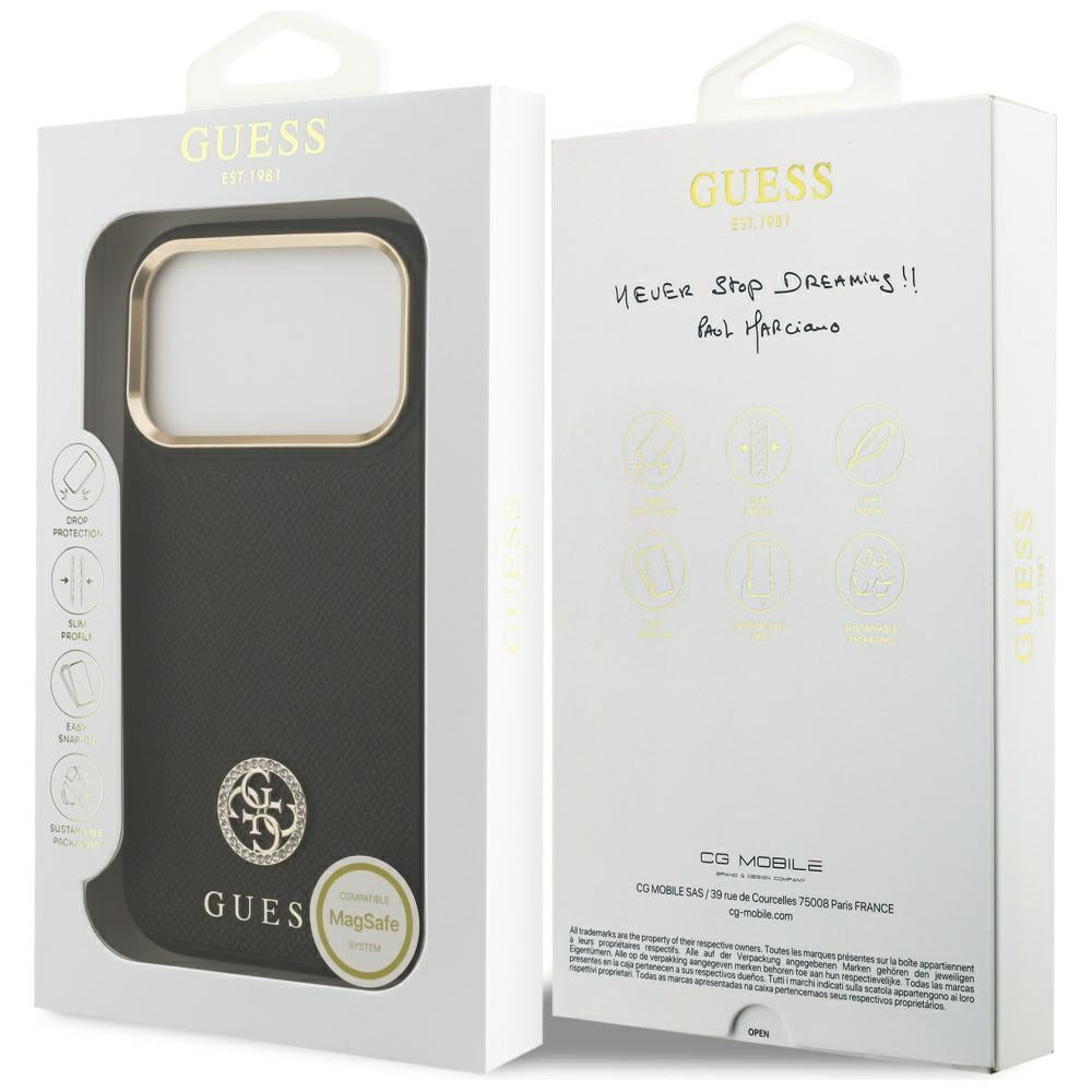 MagSafe hoesje voor Apple iPhone 17 Pro, Guess, Grained Strass Logo, Zwart
