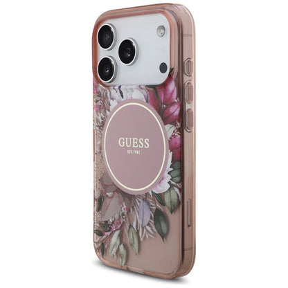 MagSafe hoesje voor Apple iPhone 17 Pro, Guess, IML Flowers met Parelband, Roze