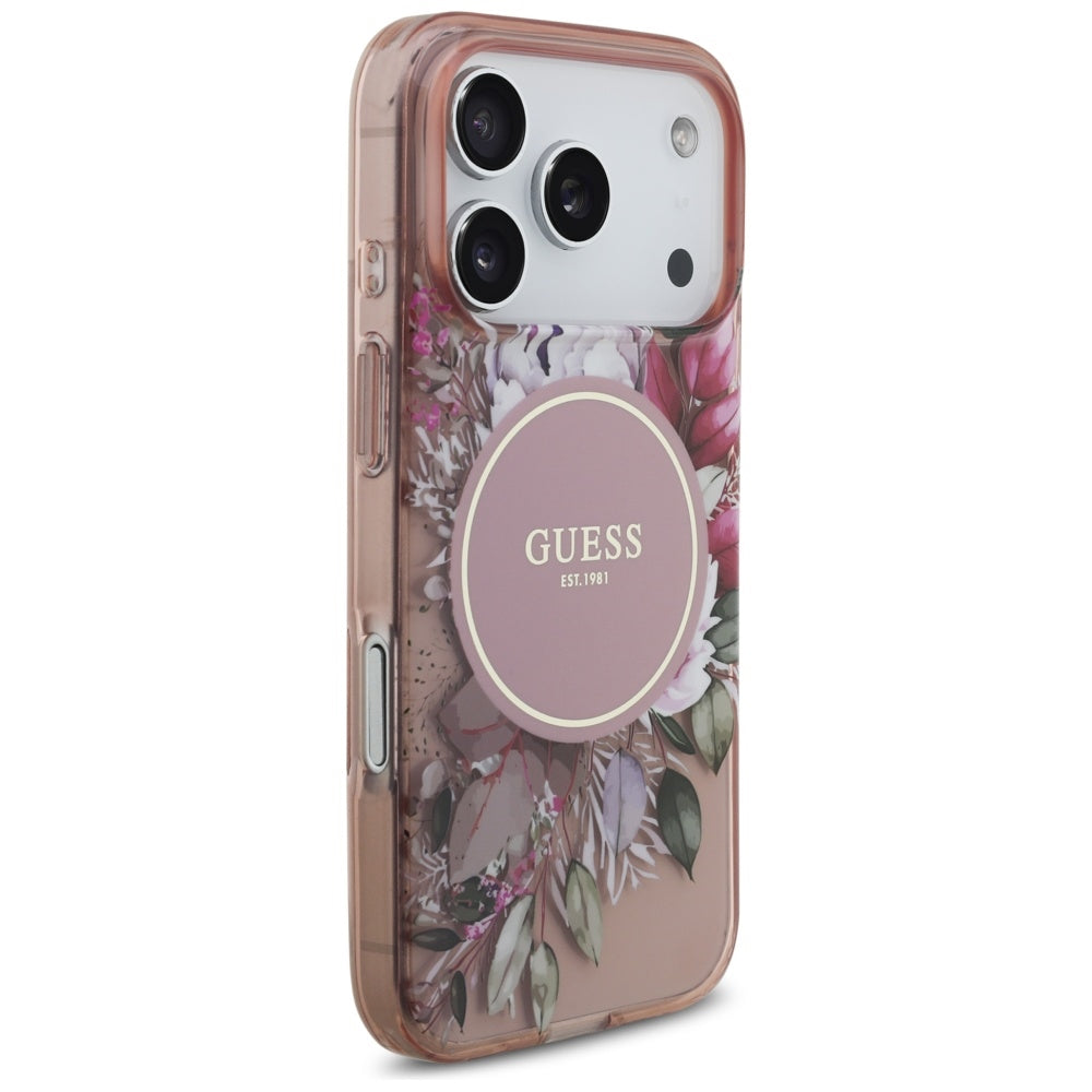 MagSafe hoesje voor Apple iPhone 17 Pro, Guess, IML Flowers met Parelband, Roze