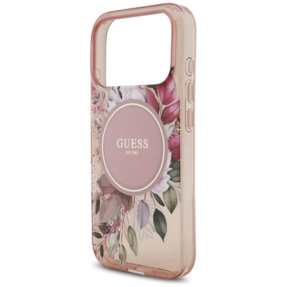 MagSafe hoesje voor Apple iPhone 17 Pro, Guess, IML Flowers met Parelband, Roze