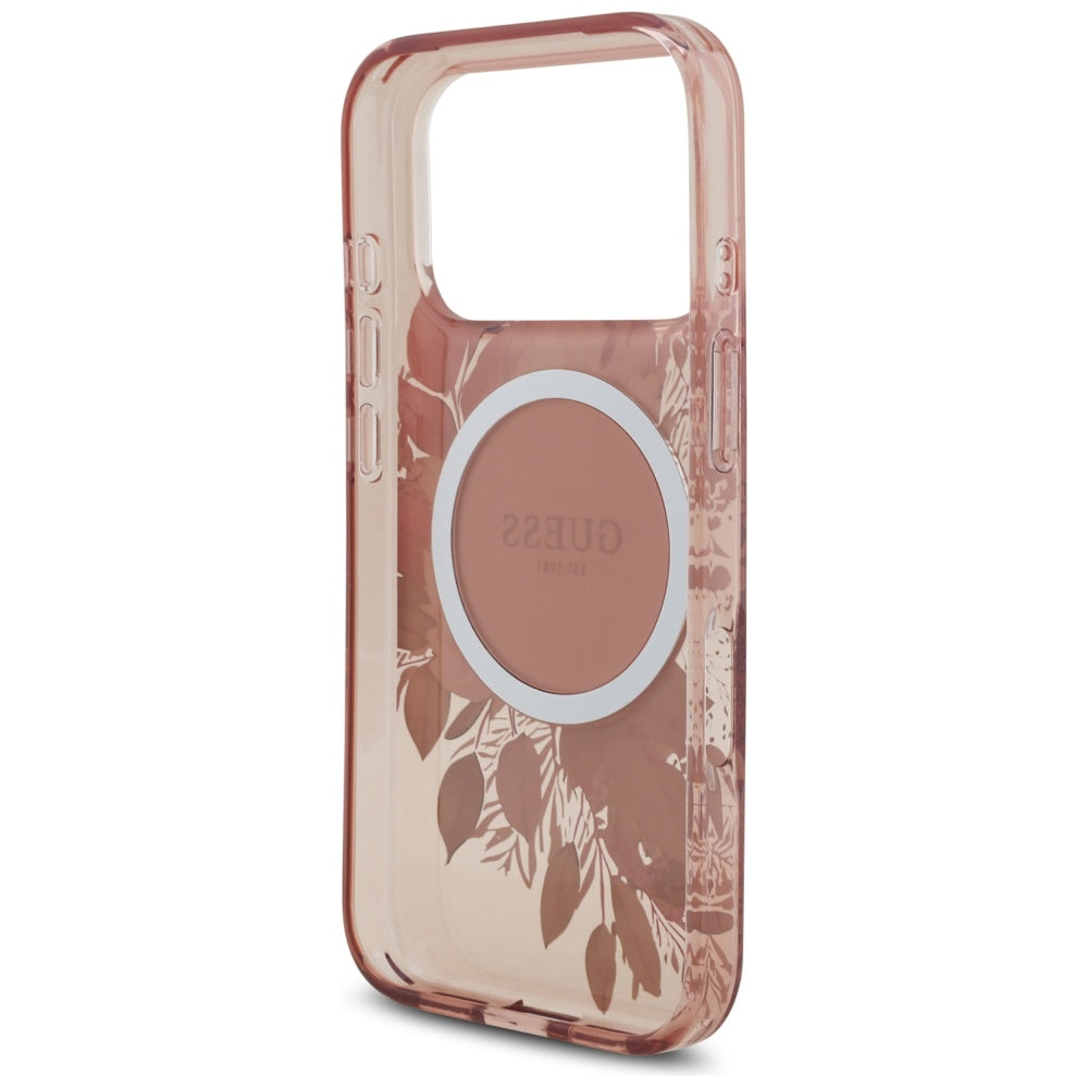 MagSafe hoesje voor Apple iPhone 17 Pro, Guess, IML Flowers met Parelband, Roze