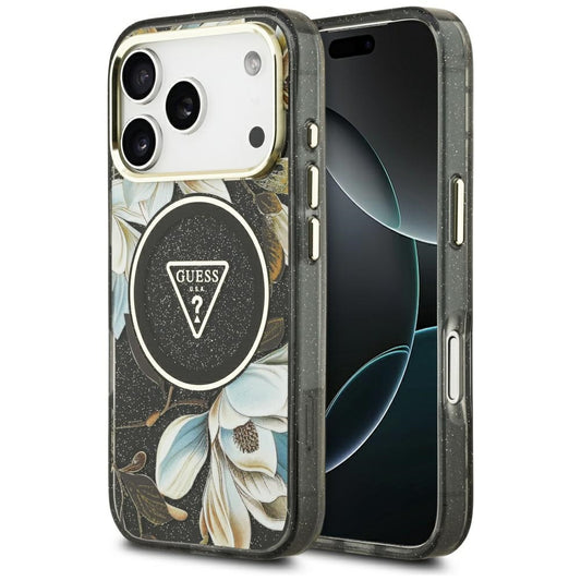 MagSafe hoes voor Apple iPhone 17 Pro, Guess, IML Metal Glitter Flowers Triangle, Zwart
