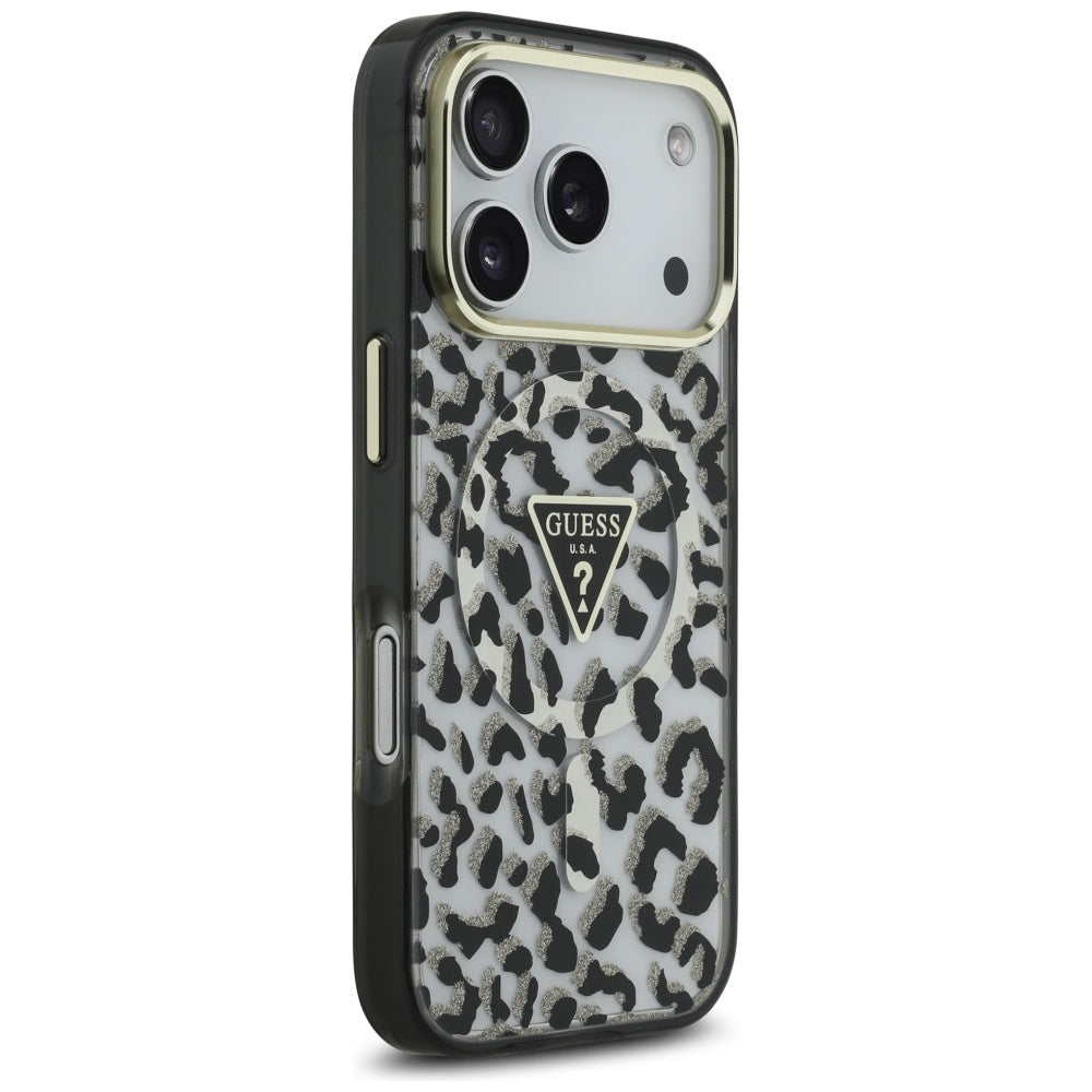 MagSafe hoesje voor Apple iPhone 17 Pro, Guess, Leopard Glitter, Zwart
