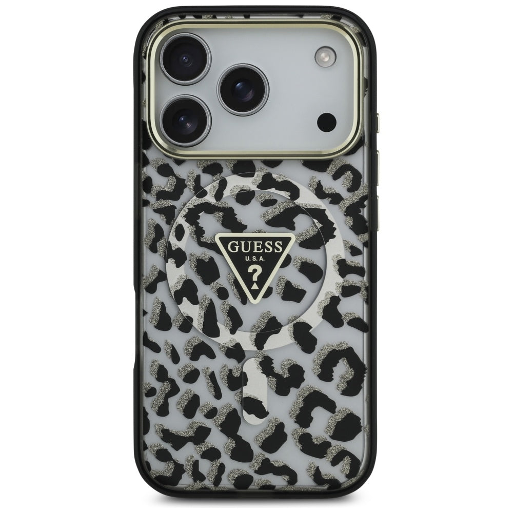 MagSafe hoesje voor Apple iPhone 17 Pro, Guess, Leopard Glitter, Zwart