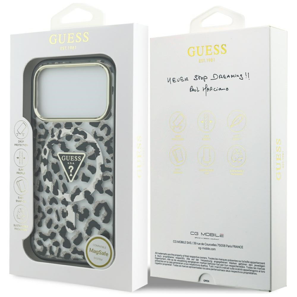 MagSafe hoesje voor Apple iPhone 17 Pro, Guess, Leopard Glitter, Zwart