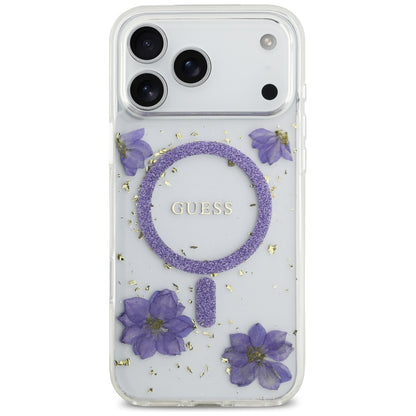 MagSafe hoesje voor Apple iPhone 17 Pro, Guess, Resin Flowers and Glitter, Paars