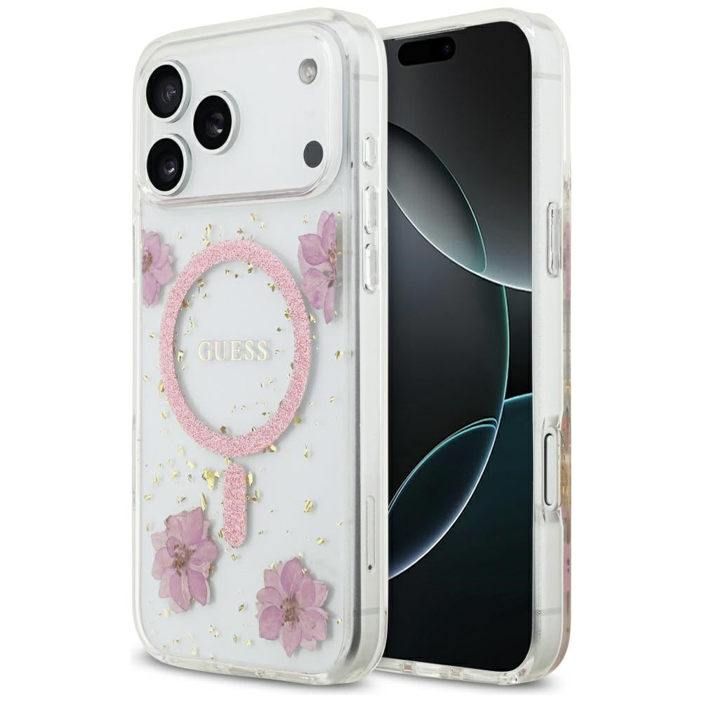 MagSafe hoesje voor Apple iPhone 17 Pro, Guess, Resin Flowers and Glitter, Roze
