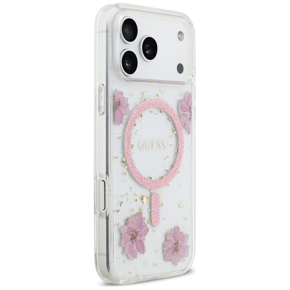 MagSafe hoesje voor Apple iPhone 17 Pro, Guess, Resin Flowers and Glitter, Roze