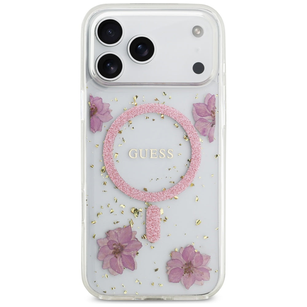 MagSafe hoesje voor Apple iPhone 17 Pro, Guess, Resin Flowers and Glitter, Roze